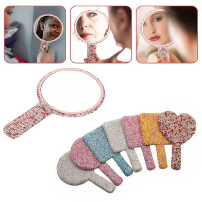 Cute Rhinestone Makeup Mirror Round Square Heart Shape Shiny Bling Cosmetic Hand Mirror Portable with Handle Handheld Mirror