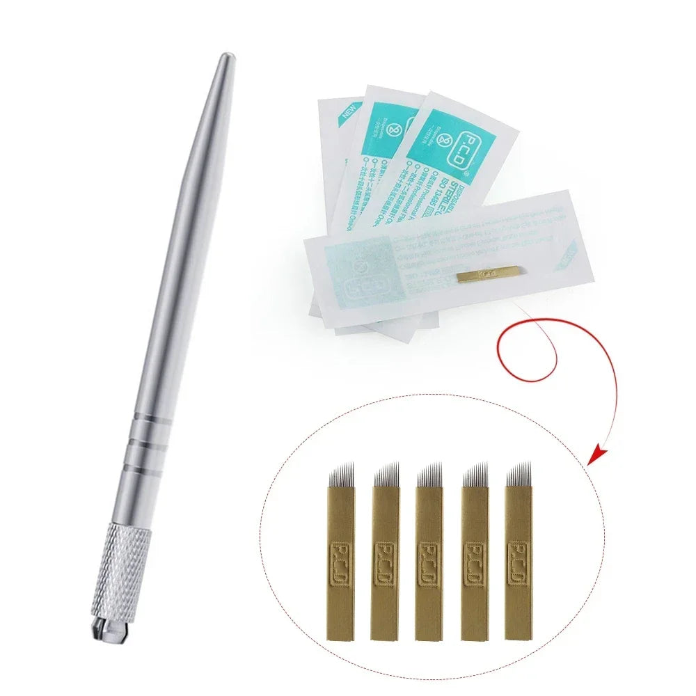 Golden Tebori 3D Tattoo Pen + 5 Pcs 12 Pins Microblading Tattoos Needles Permanent Makeup Manual Professional Eyebrow Tattoo Set