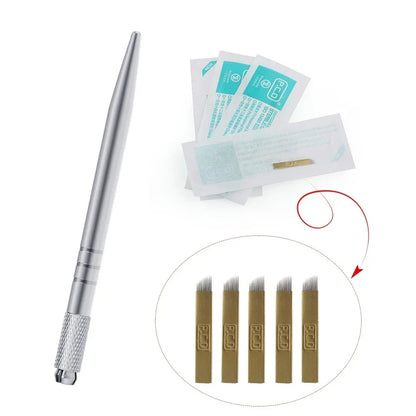 Golden Tebori 3D Tattoo Pen + 5 Pcs 12 Pins Microblading Tattoos Needles Permanent Makeup Manual Professional Eyebrow Tattoo Set