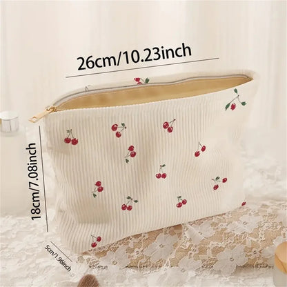 Hand Painted Cherry Corduroy Drawstring Makeup Bag Lightweight Travel Toiletry Pouch Bohemian Style Cosmetic Organizer