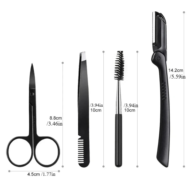 Black Eyebrow Trimming Scissors Stainless Steel Tweezers Scraping Eyebrow Comb Razor Eyebrow Clip Makeup Tools Sets