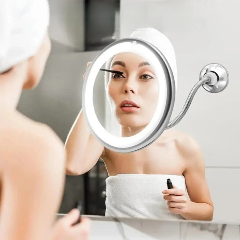 10X Magnifying LED Makeup Mirror with Gooseneck, Suction Cup, 360° Swivel