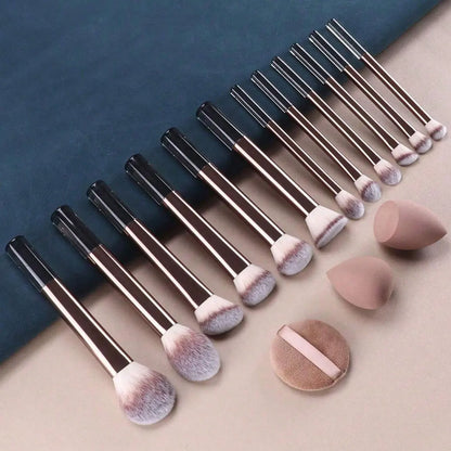 12pcs Professional Makeup Brush Set Incl. Eyeshadow, Powder, Blush Brushes, 2pcs Makeup Sponges, 1pc Powder Puff, Complete Trave