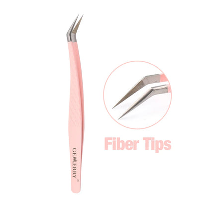 GEMERRY 1 PC Eyelash Tweezers With Fiber Tips Pink Professional Steel High Precision for Volume Fans Lashes Extensions Makeup