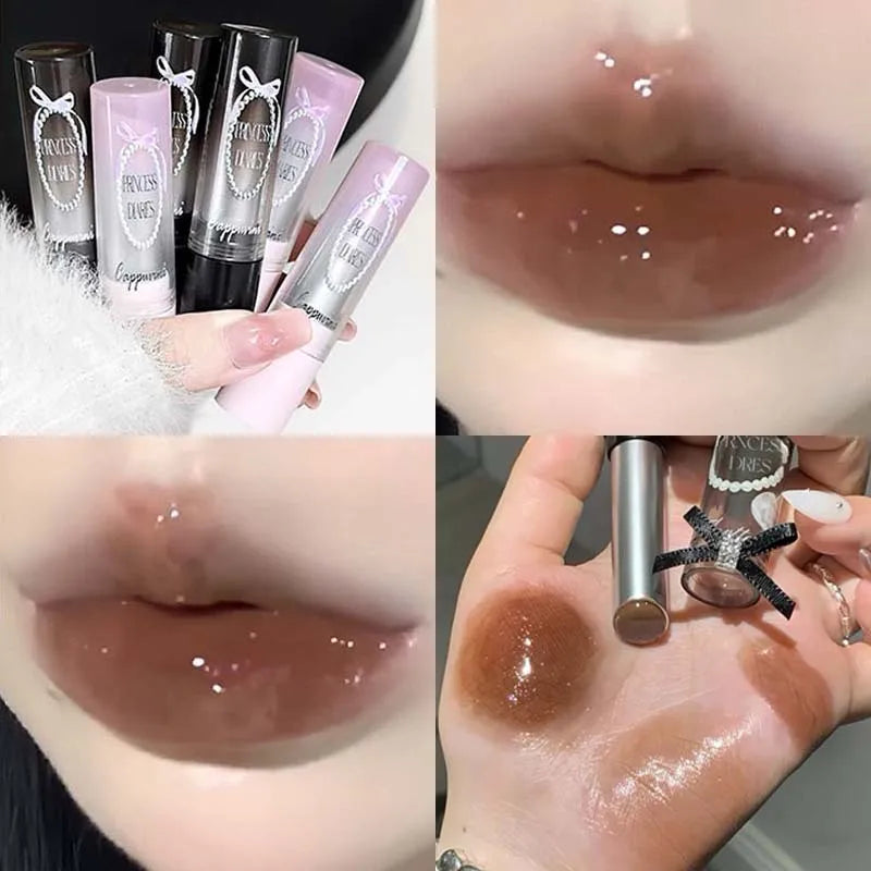 Caramel Brown Solid Lip Gloss Moisturizing Lace Bow Mirror Glass Jelly Lipstick Non Stick Cup Water Light Plump Lip Tint Makeup