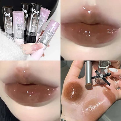Caramel Brown Solid Lip Gloss Moisturizing Lace Bow Mirror Glass Jelly Lipstick Non Stick Cup Water Light Plump Lip Tint Makeup