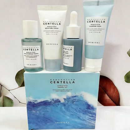Centella HyaluCica Travel Kit,Brightening Toner, Blue Ampoule Serum,Night Sleeping Pack and Moisturizer Cream Skincare Mini Set