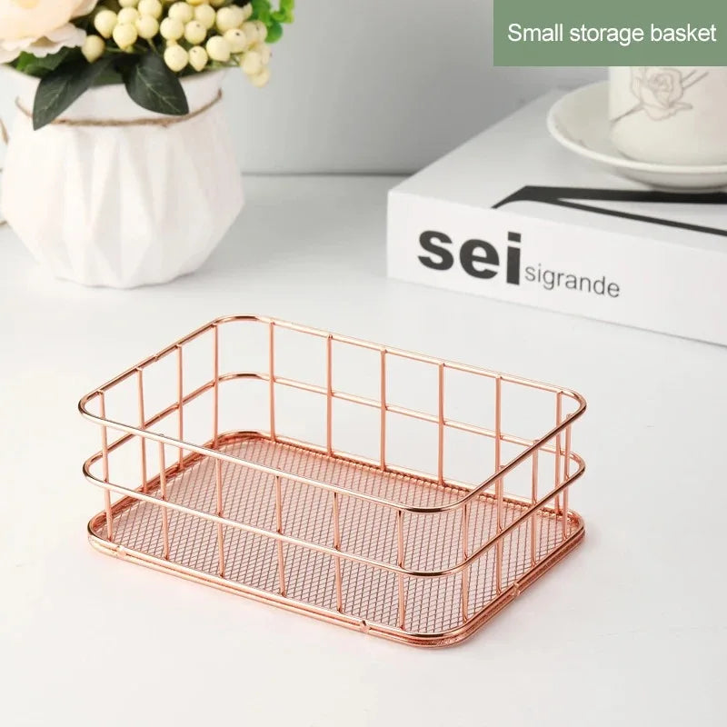 Nordic Iron storage Basket jewelry organizer Gold Office Desktop Sundries Makeup Brushes Holder Table Cosmetics Organizer Rack