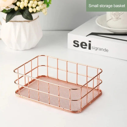 Nordic Iron storage Basket jewelry organizer Gold Office Desktop Sundries Makeup Brushes Holder Table Cosmetics Organizer Rack