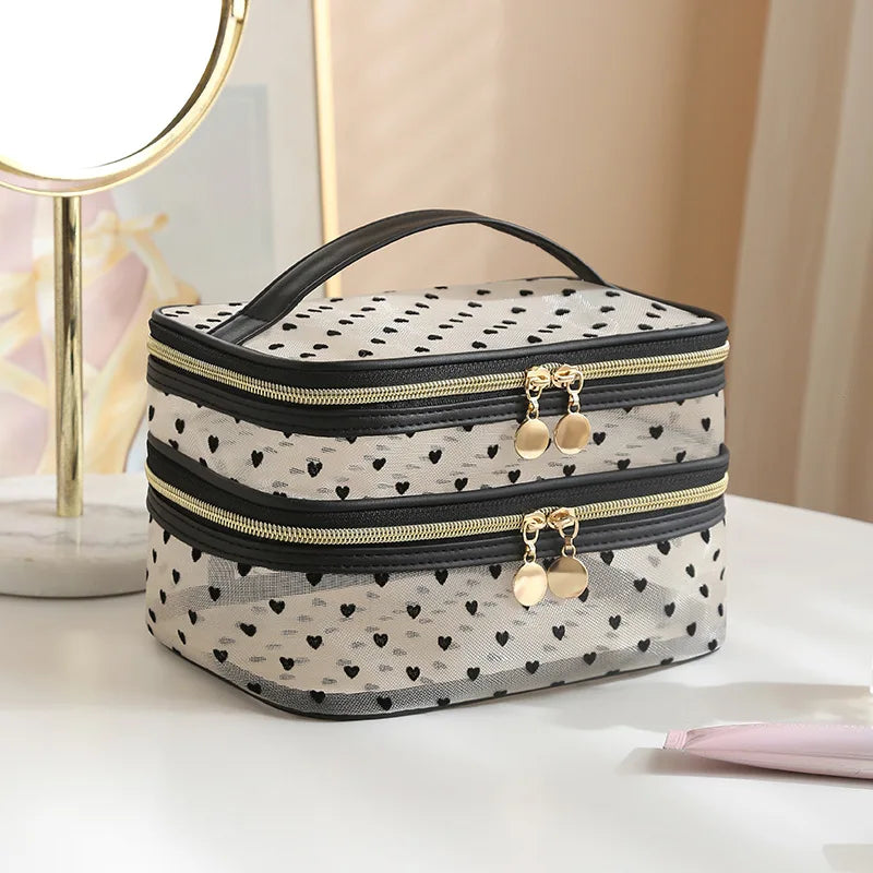 Double-layers Black Mesh Cosmetic Bag Travel Portable Large-Capacity Makeup Case Organizer Storage Pouch Zipper Toiletry Bags