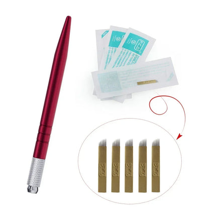 Golden Tebori 3D Tattoo Pen + 5 Pcs 12 Pins Microblading Tattoos Needles Permanent Makeup Manual Professional Eyebrow Tattoo Set