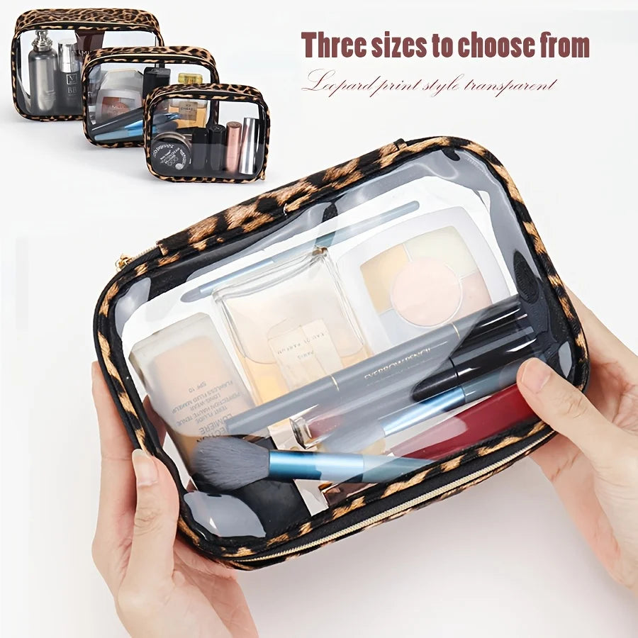 Leopard Print Clear Makeup Bag - Waterproof, Large Capacity Travel Cosmetic Organizer with Zipper